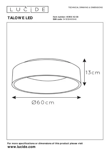 Lucide TALOWE LED - Plafonnier - Ø 60 cm - LED Dim. - 1x42W 3000K - Noir - TECHNISCH